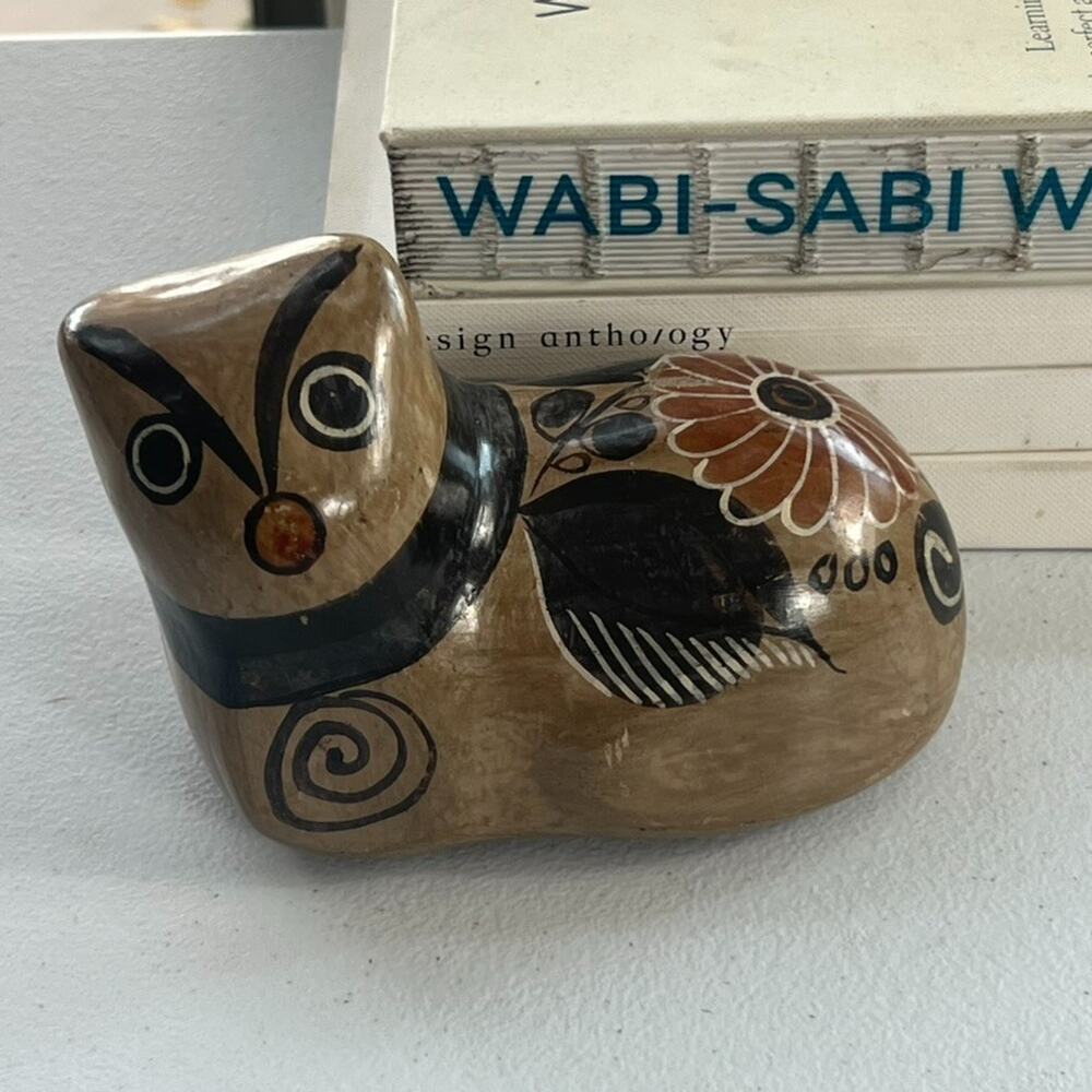 Cat Mexican Tonala Pottery Hand Painted 4" Tall Brown